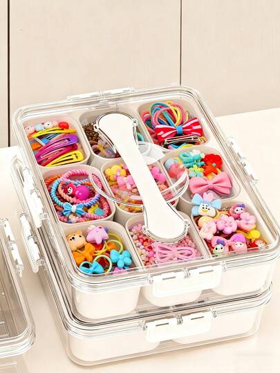 صندوق تخزين كبير السعة لاكسسوارات شعر الأطفال، 9 أقسام/4 أقسام مقاوم للغبار، تخزين مصنف لربطات الشعر وأشرطة الشعر ومشابك الشعر وغيرها من اكسسوارات الشعر، صندوق منظم متعدد الوظائف للأطفال، لوازم التعلم، كتل ألعاب، بطاقات معرفية، مصنوع من مادة بولي بروبلين سميكة