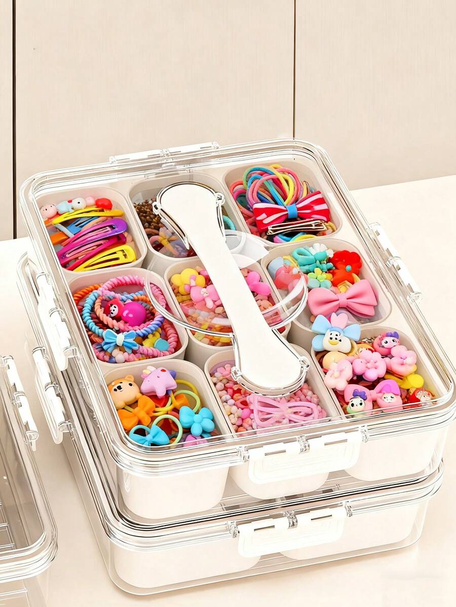 صندوق تخزين كبير السعة لاكسسوارات شعر الأطفال، 9 أقسام/4 أقسام مقاوم للغبار، تخزين مصنف لربطات الشعر وأشرطة الشعر ومشابك الشعر وغيرها من اكسسوارات الشعر، صندوق منظم متعدد الوظائف للأطفال، لوازم التعلم، كتل ألعاب، بطاقات معرفية، مصنوع من مادة بولي بروبلين سميكة
