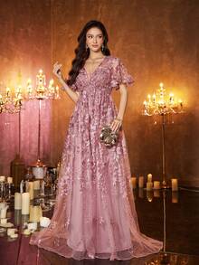 Damen Kleid mit tiefem V-Ausschnitt, rückenfreiem Design und Rüschenärmeln, Mesh-Stickerei-Patchwork, taillierter Schnitt, ausgestellter Rock, elegantes Abendkleid für Partys - Rot-violett - Übersicht 3