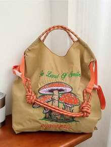 1pc Fashionable Versatile Embroidered Tote Bag, Cartoon Mushroom Pattern, Lightweight Nylon Commuter Foldable Shopping Bag - Multicolor - View 3