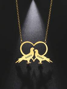 Customized Heart & Bird Necklace - Personalized Name Engraving, Stainless Steel Heart Pendant With Design, Suitable For Girl, Christmas, Halloween, Valentine's Day Gift - Multicolor - View 2