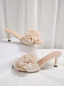 夏季花卉图案细高跟鞋，时尚网眼法式高跟凉鞋，适合约会、购物、通勤、商务、宴会、派对等场合。 - 米色 - 查看 3