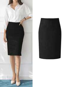 女士优雅通勤鹿绒拉链多功能A字半身裙，后开衩，无弹力，冬季款 - 黑色 - 查看 2