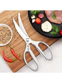 1pc Silver Multifunctional Kitchen Scissors - Includes Ivory Food Tongs, Stainless Steel Poultry Shears, Kitchen Gadget, Kitchen Accessory, Essential For Home And Camping, Suitable For Cutting Steak, Chicken, Vegetables And Grilling