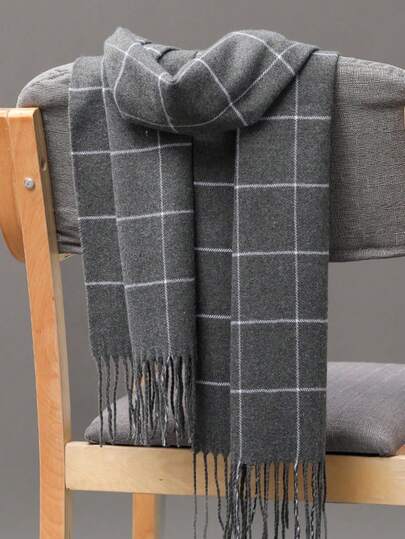 1pc Men's European & American Plaid Tassel Warm Scarf, Suitable For Students, Couples, Business, Outdoor, Autumn/Winter