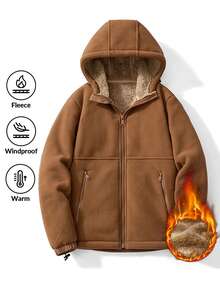 Men's Casual Hooded Fleece Jacket With Thickened Warm Thermal Lined, Zippered Pockets, Windproof Cuffs, Providing Warmth And Comfort.