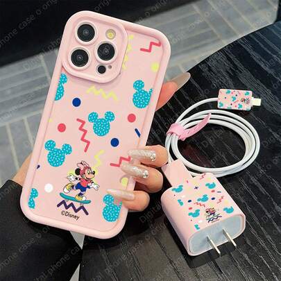 Disney Estuche de teléfono y juego de cable de datos con diseño de patrones de Disney, con licencia oficial de Disney, compatible con iPhone 17, 16, 15, 14, 13, 12, 11 y varios modelos