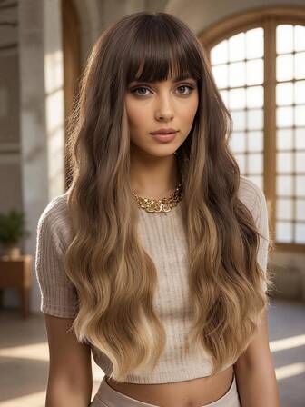 棕色挑染亚麻金长波浪卷发圣诞假发，带刘海，蓬松自然，易于打理，耐热合成假发，魅力性感，适合女性日常派对、万圣节角色扮演、化装舞会、音乐节、嘉年华等场合，26英寸