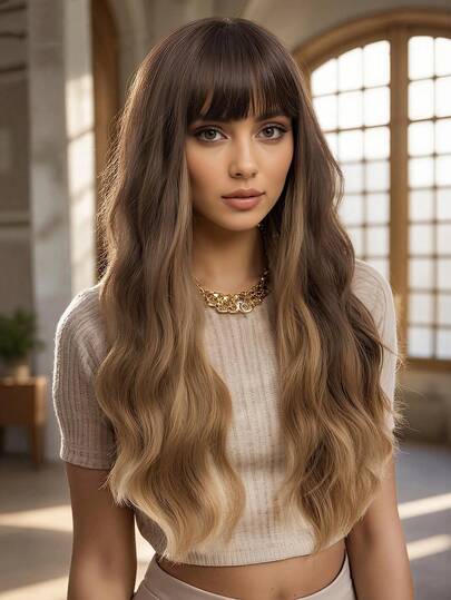 棕色挑染亚麻金长波浪卷发圣诞假发，带刘海，蓬松自然，易于打理，耐热合成假发，魅力性感，适合女性日常派对、万圣节角色扮演、化装舞会、音乐节、嘉年华等场合，26英寸