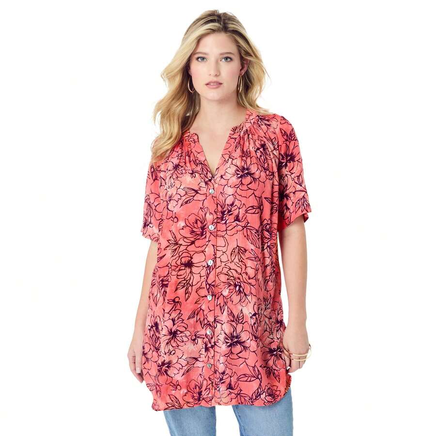 Roaman's Women's Plus Size Angelina Tunic Top – Short Sleeve, Flowy Fit, Everyday Comfort - 珊瑚紮染花卉 - 查看 1