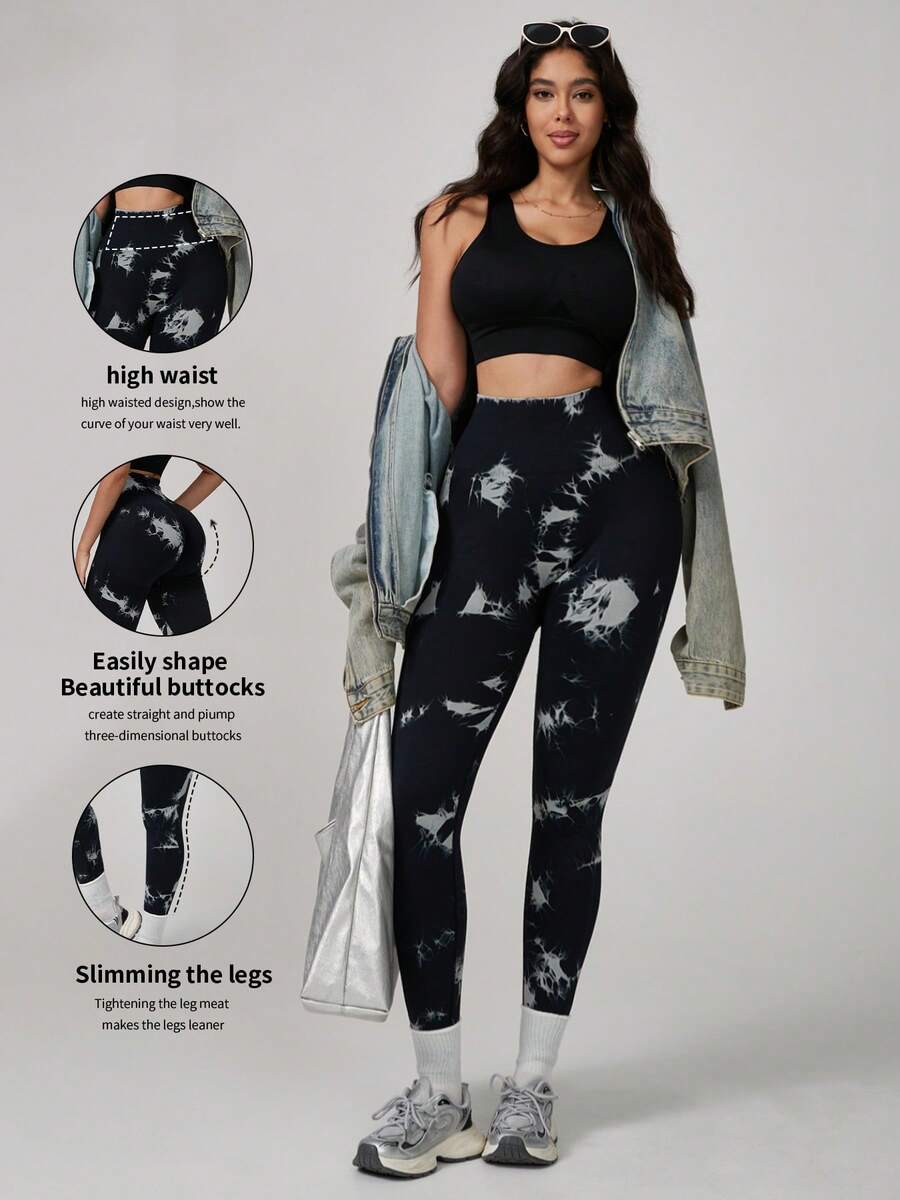 High Waisted Seamless Slim Tie-Dye Leggings For Women -Resilient Soft Touch Quick-Drying Breathable 4-Way Stretch Butt Lifting Legging, For Hiking Running Cycling Yoga Pickleball Exercise Casual - 黑色 - 查看 1