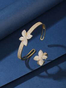 2pcs Copper Bracelet & Ring Jewelry Set, Floral Zirconia Design, Fashionable & Charming, Suitable For Gifts And Daily Wear - 026224 - View 12