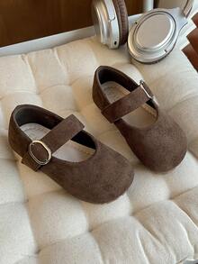 Spring And Autumn New Girls' Closed-Toe Flats With Metal Buckle Decoration, Round-Toe Flat Mary Jane Shoes, Daily Casual Comfortable Versatile Shoes. - Brown - View 6