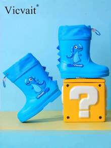 Cartoon Kids Rain Boots, Girls Mid-Calf Rain Shoes, Boys Waterproof Rubber Boots - Mint Blue - View 6