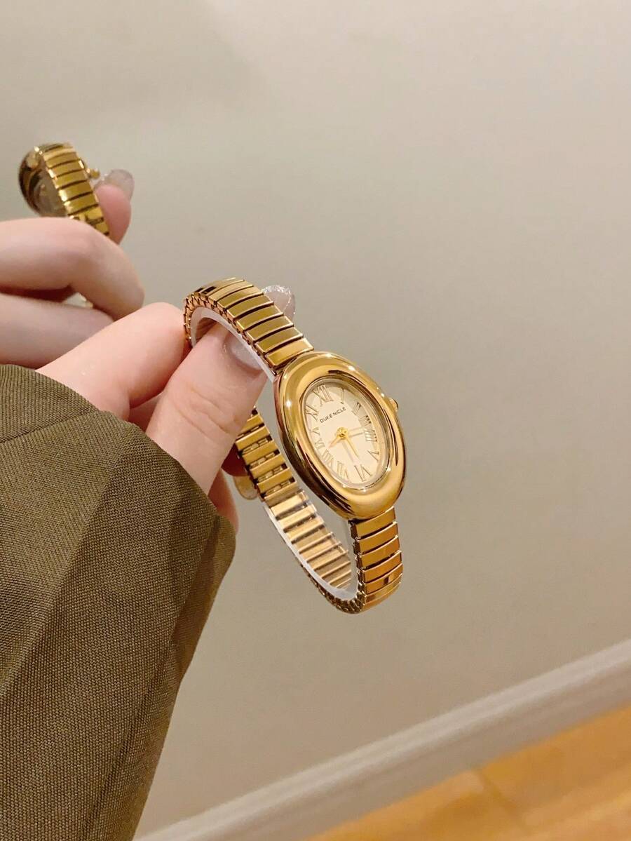 1pc Vintage Luxury Gold/Silver Color Petite Women Bracelet Watch, Fashionable Minimalist Elegant Quartz Watch, Suitable For Daily Wear, Birthday Gift - Vàng - Xem 1