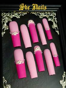 10pcs Glossy Y2K French Western Ocean Nail Art, Pink Nails, Red Nails, Light Blue Nails, Shiny Nails, 3D Handmade Starfish & Shell Decor, 3D Hand-Painted Wavy 3D Colorful Carved Rectangle Acrylic Nails, Perfect For Bikini Beach Matching. - 玫紅色 - 查看 1