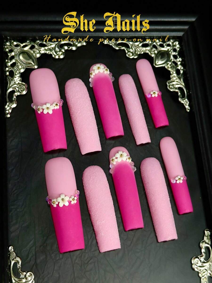10pcs Glossy Y2K French Western Ocean Nail Art, Pink Nails, Red Nails, Light Blue Nails, Shiny Nails, 3D Handmade Starfish & Shell Decor, 3D Hand-Painted Wavy 3D Colorful Carved Rectangle Acrylic Nails, Perfect For Bikini Beach Matching. - 玫紅色 - 查看 1