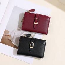 Ví nữ ngắn bằng da PU phối nhiều màu sắc cao cấp, kiểu dáng gập đôi, tối giản, đựng thẻ, khóa cài nút bấm. Ví nam mini, ví cầm tay, ví da nhỏ, ví đựng thẻ, ví đựng tiền xu. - màu đen - Xem 7