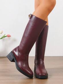 女士加大码黑色紧身弹力靴，休闲优雅商务夜店风格，后拉链和搭扣设计，方头粗跟高筒靴，酒红色，适合秋冬季户外、派对、办公室等场合穿着。 - 紅色 - 查看 3