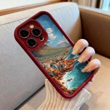 Funda para teléfono de silicona negra con impresión de paisaje costero y montaña escénica para uso diario y viajes - Café integral - Ver 6