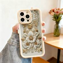 Cubierta de teléfono con bordado floral beige y dorado diseño elegante para mujer uso diario y ocasiones especiales - Blanco - Ver 7