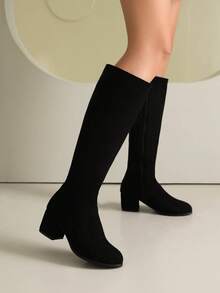 Women's Comfortable Chunky Heel Over-The-Knee Boots, PU Leather Tight Fitting High Shaft Casual Mid-Heel Riding Boots, Side Zipper Tall Boots, Solid Color Versatile Knee-High Boots For Commuting - Black - View 3