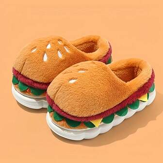 1 Pair Comfortable Indoor Slippers, Unisex Couple Cute Hamburger Plush Thick Sole Warm Slippers For Autumn/Winter