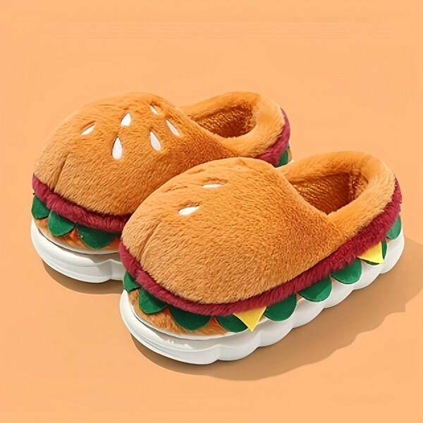 1 Pair Comfortable Indoor Slippers, Unisex Couple Cute Hamburger Plush Thick Sole Warm Slippers For Autumn/Winter