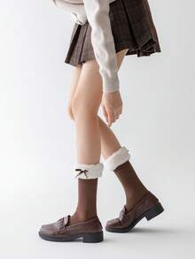 1双女士蝴蝶结装饰加厚保暖袜，适合搭配踝靴，秋冬季舒适袜子 - 彩色 - 查看 8