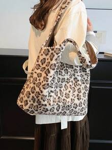 2025 Pluszowa, jesienno-zimowa, nowa, futrzana torba, dopasowana torba z nadrukiem w panterkę o dużej pojemności, modna torba na ramię, damska torba do pracy - Beżowy - Zobacz 2