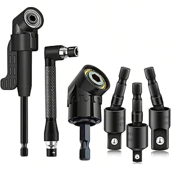 6pcs Right Angle Drill Attachment Set, Including 3 360° Rotatable 1/4 3/8 1/2" Impact Grade Socket Adapters, 2 Hex Shank 105° Angle Drill Adapters And 90° Bevel Drill Bits