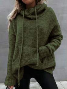Casual Loose High Neck Drawstring Knit Pullover - Army Green - View 1