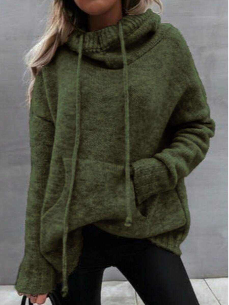 Casual Loose High Neck Drawstring Knit Pullover - Army Green - View 1