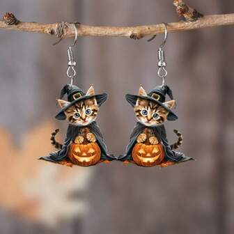 万圣节亚克力垂坠耳环 - 身穿巫师袍的猫咪南瓜造型，经典卡通时尚饰品，适合女士佩戴，适合节日派对和庆典，无羽毛，非马赛克，未镀层 - 1对
