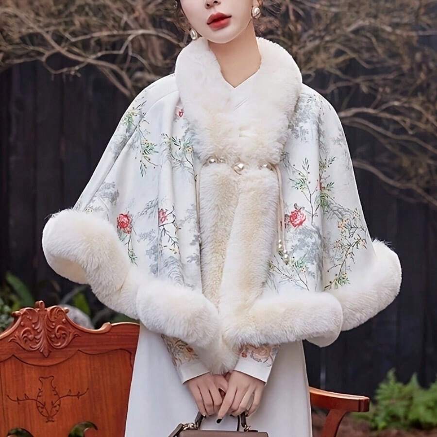 Perfect Gift Choice - Chinese Style Pearl Button Shawl With Faux Rabbit Fur Trim - Elegant Retro Solid Color Cape In Yellow & Pink For Christmas Parties, Bridal Events & Special Occasions - Women's Thermal Winter Wrap For Daily Wear, Travel & Evening Even - 淺棕色 - 查看 1