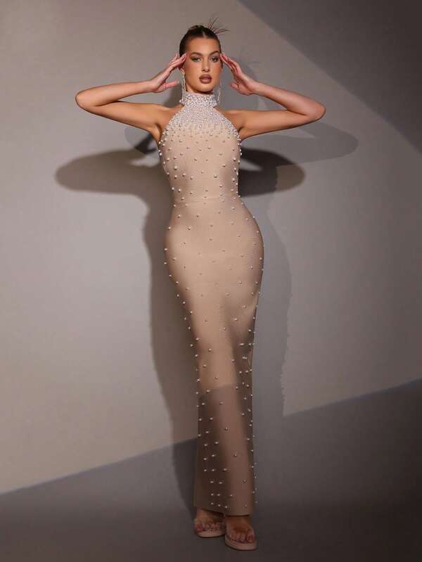 New Elegant Pearl Beaded Backless Sleeveless Bodycon Mini Bandage Dress, Sexy Women's Formal Evening Gown For Birthday Party, Formal Dinner, Carnival, Easter