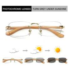 Men And Women Frameless Photochromic Glasses Square Frame Sunglasses Simple Casual Non-Prescription Glasses - 金色框黃色腿[變灰色] - 查看 5