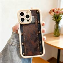 Carcasa de teléfono con diseño de cuero vintage marrón oscuro con remaches y costuras para iPhone estilo retro elegante uso diario y moda urbana - Burdeos - Ver 4