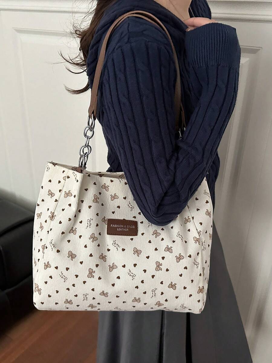 Fashion Striped Tote Bag For Women, Large Capacity Shoulder Bag, Zipper Handbag With Metal Chain, Daily Use - White - View 1