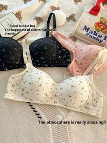 四件套新款甜美碎花小胸少女内衣 - 无钢圈，提拉聚拢侧乳，防下垂文胸，适合青少年和初中生，亲肤舒适