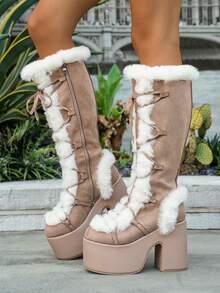 Lace-Up Fur Lined Chunky Heel Tall Boots, Gothic Style Thick Sole Winter Boots