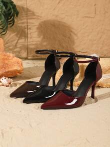 Giày cao gót mũi nhọn 8cm có dây đeo khóa có thể điều chỉnh, giày cao gót thanh lịch, chất liệu PU bóng, màu đỏ rượu, thích hợp để mang hàng ngày, tiệc tùng, giáng sinh, lễ tạ ơn, năm mới, hẹn hò, tụ tập, đi làm, giày cao gót màu đỏ tía - Màu Đỏ Sâu - Xem 4