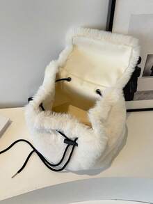New Autumn/Winter Plush Backpack For Women, Students, Fashion Faux Fur Drawstring Large Capacity Shoulder Bag - White - View 7
