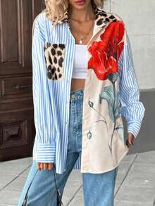 Solstice Apparel Color Block Red Rose & Leopard Print Lapel Long Sleeve Shirt, Blue White Stripe Loose Mid-Length Blouse, Retro Sweet Cool Style, Perfect For Daily Outings, Commute & Dates, Spring Fall Versatile Top - Blue - View 4