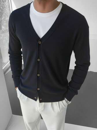 Cardigan masculino de malha com botões, 1 peça, adequado para uso ao ar livre, negócios e casual, outono/inverno