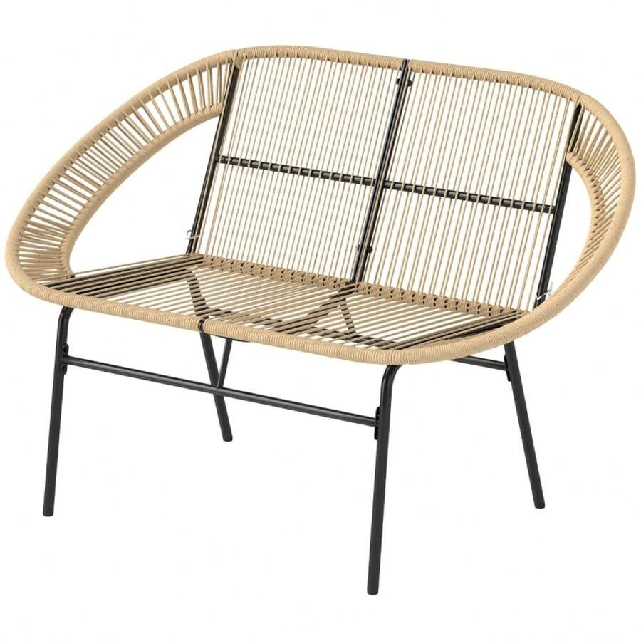 Banco de jardim Outsunny de 2 lugares, feito de polirratã, resistente às intempéries, com design em rattan trançado, móvel de jardim resistente ao sol com encosto, banco de parque com capacidade de carga de 260 kg, para varanda, terraço, jardim, 126x72x83cm, cor cáqui. - 1 - Ver 1