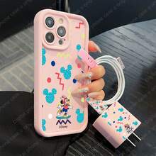 Disney Estuche de teléfono y juego de cable de datos con diseño de patrones con licencia oficial, compatible con iPhone 17, 16, 15, 14, 13, 12, 11 y varios modelos