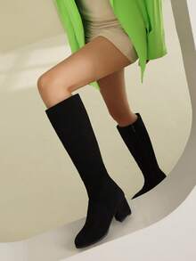 Women's Comfortable Chunky Heel Over-The-Knee Boots, PU Leather Tight Fitting High Shaft Casual Mid-Heel Riding Boots, Side Zipper Tall Boots, Solid Color Versatile Knee-High Boots For Commuting - Black - View 4