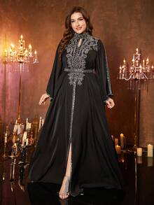 UNITHORSE Plus Size Women's Stand Collar Ruffle Sleeve Luxury Embellished Satin High Slit Maxi Dress, Perfect For Formal Occasions, Gala Dinners, Weddings, Awards Ceremonies, Etc. - Black - View 2
