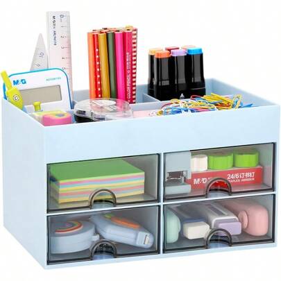 Minimalist Blue Desk Organizer With 7 Compartments 4 Drawers And 3 Pen Holders Office Supplies Organizer
